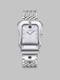 From the B. Fendi Collection. This brilliant timepiece boasts diamond markers on a pretty mother-of-pearl dial with a beautiful stainless steel bracelet. Swiss quartz movementWater resistant to 3 ATMRectangular stainless steel case, 36mm (1.4) X 30mm (1.1)Smooth bezelMother-of-pearl dialDiamond hour markers, .1 tcwStainless steel link bracelet, 18mm wide (0.7)Made in Switzerland From the B. Fendi Collection. This brilliant timepiece boasts diamond markers on a pretty mother-of-pearl dial with a beautiful stainless steel bracelet. Swiss quartz movementWater resistant to 3 ATMRectangular stainless steel case, 36mm (1.4) X 30mm (1.1)Smooth bezelMother-of-pearl dialDiamond hour markers, .1 tcwStainless steel link bracelet, 18mm wide (0.7)Made in Switzerland