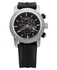This Burberry sports watch features a black rubber strap. Silvertone stainless steel round case and round black dial with three subdials, date window, logo and stick indices. Swiss movement. Water resistant to 50 meters. Two-year limited warranty. This Burberry sports watch features a black rubber strap. Silvertone stainless steel round case and round black dial with three subdials, date window, logo and stick indices. Swiss movement. Water resistant to 50 meters. Two-year limited warranty.