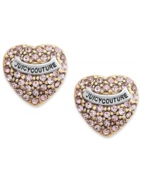 Follow your heart. These ladylike heart stud earrings feature pink pave crystals and a silver tone logo banner. Crafted from gold tone mixed metal. Approximate diameter: 3/8 inch. Follow your heart. These ladylike heart stud earrings feature pink pave crystals and a silver tone logo banner. Crafted from gold tone mixed metal. Approximate diameter: 3/8 inch.