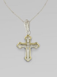Five diamonds set in sterling silver, trimmed in 18k gold. Sterling silver and 18K gold Diamonds, 0.03 tcw Length, about 16 Pendant, about ½ Lobster claw clasp Imported Five diamonds set in sterling silver, trimmed in 18k gold. Sterling silver and 18K gold Diamonds, 0.03 tcw Length, about 16 Pendant, about ½ Lobster claw clasp Imported