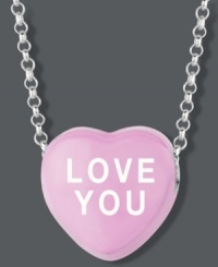 Sugary sweet style you can wear! Sweethearts' LOVE YOU pendant features a light pink enamel surface and polished, sterling silver setting and chain. Copyright © 2011 New England Confectionery Company. Approximate length: 16 inches + 2-inch extender. Approximate drop: 1/2 inch. Sugary sweet style you can wear! Sweethearts' LOVE YOU pendant features a light pink enamel surface and polished, sterling silver setting and chain. Copyright © 2011 New England Confectionery Company. Approximate length: 16 inches + 2-inch extender. Approximate drop: 1/2 inch.