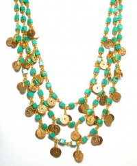 Rachel Reinhardt Kate 14k Gold Plated Triple Strand Necklace with Turquoise Cube Beads and Textured Gold Disk Dangles Rachel Reinhardt Kate 14k Gold Plated Triple Strand Necklace with Turquoise Cube Beads and Textured Gold Disk Dangles