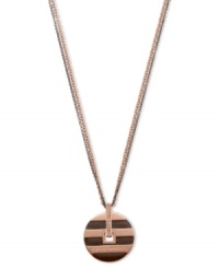 A rosy pendant with subtle sparkle. Emporio Armani's stainless steel pendant features a rose-gold and brown ion-plated circular design with a vertical bar crystallized with light peach Swarovski elements. Accented with a dark brown lacquer and satin finish. Crafted in stainless steel. Approximate length: 17 inches + 2-inch extender. Approximate drop: 1-3/4 inches. A rosy pendant with subtle sparkle. Emporio Armani's stainless steel pendant features a rose-gold and brown ion-plated circular design with a vertical bar crystallized with light peach Swarovski elements. Accented with a dark brown lacquer and satin finish. Crafted in stainless steel. Approximate length: 17 inches + 2-inch extender. Approximate drop: 1-3/4 inches.