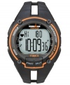 Let nothing stand in your way. This Timex watch features a black and orange resin strap and round case. Digital display dial with heart rate monitor and 50-lap chronograph. Quartz movement. Water resistant to 100 meters. One-year limited warranty.