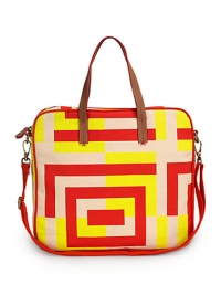 THE LOOKRectangular shapeAllover geometric broken square printTop zip closureLeather handlesInterior has open top accessory pockets and large zip pocketTHE MEASUREMENTLeather handles 6½ dropCrossbody strap 13 long13½W X 12H X 1¾DTHE MATERIALCoated canvas/leather handlesPrinted nylon liningORIGINImported THE LOOKRectangular shapeAllover geometric broken square printTop zip closureLeather handlesInterior has open top accessory pockets and large zip pocketTHE MEASUREMENTLeather handles 6½ dropCrossbody strap 13 long13½W X 12H X 1¾DTHE MATERIALCoated canvas/leather handlesPrinted nylon liningORIGINImported