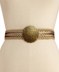 An intricately designed disk finishes off this woven straw and faux-leather belt from Steve Madden. (Clearance) An intricately designed disk finishes off this woven straw and faux-leather belt from Steve Madden. (Clearance)