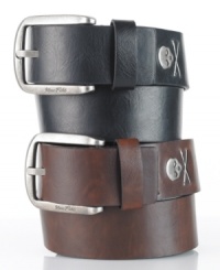 With a little bit of danger in the details, this skull and bones belt from Marc Ecko gives your outfit some rebel attitude. With a little bit of danger in the details, this skull and bones belt from Marc Ecko gives your outfit some rebel attitude.
