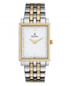 A classic design with the unparalleled sophistication of Bulova. Watch crafted of two-tone stainless steel bracelet and rectangular case. White dial features gold tone stick indices, black minute track, two gold tone hands and logo at twelve o'clock. Quartz movement. Water resistant to 30 meters. Three-year limited warranty.