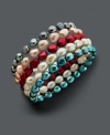 Freshen up your style with elegant pearls in vivid colors. This Fresh by Honora bracelet set features five strands of gray, peach, red, white, and blue cultured freshwater pearls (7-8 mm). Bracelets stretch to fit the wrist. Approximate length: 7-1/4 inches.