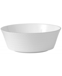 Wedgwood substitutes texture for tone in the exquisite Intaglio Platinum serving bowl. White bone china embossed with intricate geometric patterns is undeniably modern but inspired by Georgian-era designs. Wedgwood substitutes texture for tone in the exquisite Intaglio Platinum serving bowl. White bone china embossed with intricate geometric patterns is undeniably modern but inspired by Georgian-era designs.