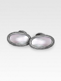 Pristine mother-of-pearl stones offset the darker hues of finely engraved sterling silver. About 1 X ½ Made in USA Pristine mother-of-pearl stones offset the darker hues of finely engraved sterling silver. About 1 X ½ Made in USA