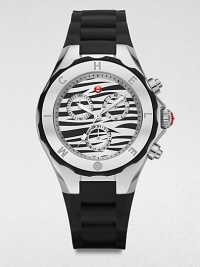 From the Tahitian Jelly Bean Collection. An animal printed dial adds whimsy to this sporty, technical timepiece. Quartz movementWater resistant to 5 ATMRound stainless steel case, 40mm (1.6)Logo etched bezelZebra printed chronograph dialBar hour markersSecond hand Black silicone strapImported From the Tahitian Jelly Bean Collection. An animal printed dial adds whimsy to this sporty, technical timepiece. Quartz movementWater resistant to 5 ATMRound stainless steel case, 40mm (1.6)Logo etched bezelZebra printed chronograph dialBar hour markersSecond hand Black silicone strapImported