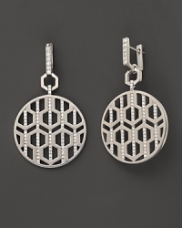 An eye-catching geometric pattern and brilliant diamonds distinguish these sterling silver drop earrings from India Hicks. An eye-catching geometric pattern and brilliant diamonds distinguish these sterling silver drop earrings from India Hicks.