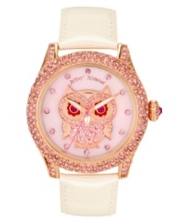 Timeliness is a wise choice. Watch by Betsey Johnson crafted of white leather strap and round polished rose-gold tone stainless steel case covered in crystal accents. Pink mother-of-pearl dial features crystal accent markers, large multicolor owl with crystal accents, rose-gold tone hour and minute hands, signature fuchsia second hand and logo. Quartz movement. Water resistant to 30 meters. Two-year limited warranty. Timeliness is a wise choice. Watch by Betsey Johnson crafted of white leather strap and round polished rose-gold tone stainless steel case covered in crystal accents. Pink mother-of-pearl dial features crystal accent markers, large multicolor owl with crystal accents, rose-gold tone hour and minute hands, signature fuchsia second hand and logo. Quartz movement. Water resistant to 30 meters. Two-year limited warranty.