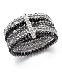 Pair this sparkling piece with your little black dress. Ali Khan's sparkling stretch cuff features five rows of jet black and hematite-colored glass beads with a row of rhinestone accents. Crafted in mixed metal. Approximate diameter: 2 inches. Pair this sparkling piece with your little black dress. Ali Khan's sparkling stretch cuff features five rows of jet black and hematite-colored glass beads with a row of rhinestone accents. Crafted in mixed metal. Approximate diameter: 2 inches.