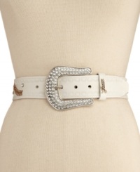 Viva GUESS glam! This fabulous metallic leather belt flaunts rhinestone and embossed detail for non-stop fashion. Viva GUESS glam! This fabulous metallic leather belt flaunts rhinestone and embossed detail for non-stop fashion.