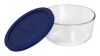 Pyrex Storage 4-Cup Round Dish with Dark Blue Plastic Cover, Clear