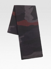 Subtle camo print lends military inspirations to a cold weather essential.8W x 70L54% mohair wool/46% nylonDry cleanMade in Italy Subtle camo print lends military inspirations to a cold weather essential.8W x 70L54% mohair wool/46% nylonDry cleanMade in Italy