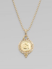 A classic cherub, sweetly embossed on a disc of gleaming 18k yellow gold, surrounded by sparkling pavé diamonds. Diamonds, 0.22 tcw 18k yellow gold Length, about ¾ Diameter, about ½ Spring ring clasp Imported Please note: Necklace sold separately. A classic cherub, sweetly embossed on a disc of gleaming 18k yellow gold, surrounded by sparkling pavé diamonds. Diamonds, 0.22 tcw 18k yellow gold Length, about ¾ Diameter, about ½ Spring ring clasp Imported Please note: Necklace sold separately.