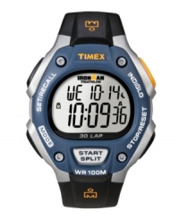 The iconic Timex Ironman watch with functions for athletes at every level. Black resin strap with yellow accents and round gray case. Blue bezel with yellow logo. Digital display dial features initial time, seconds, day and date. Quartz movement. Water resistant to 100 meters. One-year limited warranty. The iconic Timex Ironman watch with functions for athletes at every level. Black resin strap with yellow accents and round gray case. Blue bezel with yellow logo. Digital display dial features initial time, seconds, day and date. Quartz movement. Water resistant to 100 meters. One-year limited warranty.