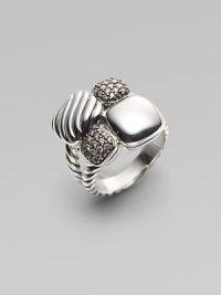 From the Chiclet Collection. Squares of pavé diamonds and squares of smooth and cabled sterling silver are exquisitely placed into a mosaic design and elegantly set atop two cabled bands. Diamonds, 0.31 tcw Sterling silver and black rhodium plated Width, about ¾ Length, about ¾ Made in USA From the Chiclet Collection. Squares of pavé diamonds and squares of smooth and cabled sterling silver are exquisitely placed into a mosaic design and elegantly set atop two cabled bands. Diamonds, 0.31 tcw Sterling silver and black rhodium plated Width, about ¾ Length, about ¾ Made in USA