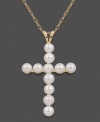 Pure beauty. This cross pendant features cultured freshwater pearls (3-3.5 mm) in 14k gold. Approximate length: 18 inches. Approximate drop: 1-1/4 inches.