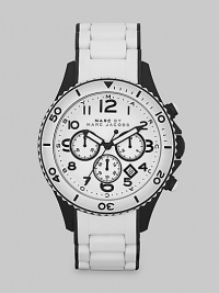 Sporty two-tone chronograph style crafted of stainless steel with a white silicone wrap.Quartz movementWater-resistant to 5ATMRound case, 46mm diameter (1¾)Enamel top ringBlack & white chronograph dialDay/date displaySecond handBracelet 22mm (.87)Imported Sporty two-tone chronograph style crafted of stainless steel with a white silicone wrap.Quartz movementWater-resistant to 5ATMRound case, 46mm diameter (1¾)Enamel top ringBlack & white chronograph dialDay/date displaySecond handBracelet 22mm (.87)Imported