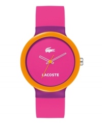 Get hypnotized by the bright neon lights of Lacoste. Unisex Goa watch crafted of pink with purple detail silicone strap and round purple plastic case with orange bezel. Pink dial features white iconic crocodile logo at twelve o'clock, white text logo at six o'clock, white cut-out hour and minute hand and orange second hand. Quartz movement. Water resistant to 30 meters. Two-year limited warranty. Get hypnotized by the bright neon lights of Lacoste. Unisex Goa watch crafted of pink with purple detail silicone strap and round purple plastic case with orange bezel. Pink dial features white iconic crocodile logo at twelve o'clock, white text logo at six o'clock, white cut-out hour and minute hand and orange second hand. Quartz movement. Water resistant to 30 meters. Two-year limited warranty.