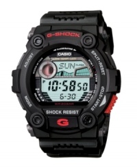 For the rough and rugged. Keep it real with this classic G-Shock design. Watch crafted of black resin strap and round case. Shock-resistant, positive display digital dial features auto EL backlight with afterglow, world time, tide graph, flash alert, four alarms and one snooze, hourly time signal, countdown timer, stopwatch, auto calendar and 12/24 hour formats. Quartz movement. Water resistant to 200 meters. One-year limited warranty. For the rough and rugged. Keep it real with this classic G-Shock design. Watch crafted of black resin strap and round case. Shock-resistant, positive display digital dial features auto EL backlight with afterglow, world time, tide graph, flash alert, four alarms and one snooze, hourly time signal, countdown timer, stopwatch, auto calendar and 12/24 hour formats. Quartz movement. Water resistant to 200 meters. One-year limited warranty.