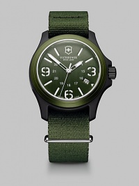 Sporty and sleek, crafted with superior Swiss technique and finished with a nylon strap.Precision Swiss quartz analog movementWater resistant to 10 ATMNylon fiber case; 40mm diameter (1.57)Aluminum bezelShock resistant mineral crystalMarkers and numbersLuminous handsDate display at 4:00Second handNylon strap; 20mm wideMade in Switzerland Sporty and sleek, crafted with superior Swiss technique and finished with a nylon strap.Precision Swiss quartz analog movementWater resistant to 10 ATMNylon fiber case; 40mm diameter (1.57)Aluminum bezelShock resistant mineral crystalMarkers and numbersLuminous handsDate display at 4:00Second handNylon strap; 20mm wideMade in Switzerland
