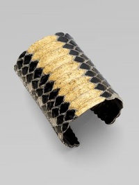 A wide enamel accented style in a snake scale design. EnamelBrassSlip-on styleDiameter, about 2½Width, about 3½Made in Italy A wide enamel accented style in a snake scale design. EnamelBrassSlip-on styleDiameter, about 2½Width, about 3½Made in Italy