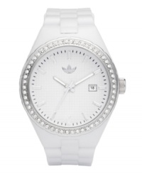 adidas glams up the classically sporty style of this Cambridge watch with crystals. White polyurethane strap and round plastic case. Silver tone bezel embellished with crystal accents. White grid-patterned dial features silver tone stick indices, minute track, date window at three o'clock, three hands and logo at twelve o'clock. Quartz movement. Water resistant to 50 meters. Two-year limited warranty. adidas glams up the classically sporty style of this Cambridge watch with crystals. White polyurethane strap and round plastic case. Silver tone bezel embellished with crystal accents. White grid-patterned dial features silver tone stick indices, minute track, date window at three o'clock, three hands and logo at twelve o'clock. Quartz movement. Water resistant to 50 meters. Two-year limited warranty.