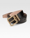 A fine calfskin leather belt finished with a distressed metal buckle. About 1¾ wide Made in Italy 