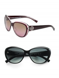 Acetate fashion frames adorned with iconic metal logo. Available in burgundy/clear with brown rose lens or black with grey lens. UV 400 lens 100% UV protection Imported Acetate fashion frames adorned with iconic metal logo. Available in burgundy/clear with brown rose lens or black with grey lens. UV 400 lens 100% UV protection Imported