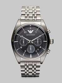 Sleek and shiny stainless steel bracelet is accented with a textured dial with chronograph functionality.Round bezelQuartz movementWater resistant to 5ATMDate function at 4Stainless steel case: 43mm (1.69)Stainless steel braceletSecond handImported Sleek and shiny stainless steel bracelet is accented with a textured dial with chronograph functionality.Round bezelQuartz movementWater resistant to 5ATMDate function at 4Stainless steel case: 43mm (1.69)Stainless steel braceletSecond handImported