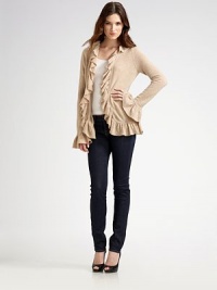 Romantic cashmere cardigan with pretty ruffle trim is a comfortable cover-up for day or night. About 26½ from shoulder to hem Dry clean or hand wash Imported Romantic cashmere cardigan with pretty ruffle trim is a comfortable cover-up for day or night. About 26½ from shoulder to hem Dry clean or hand wash Imported