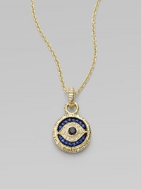 Textured links of 18K yellow gold hold a protective evil eye, radiantly formed of white, blue and black sapphires.Sapphires14K yellow goldChain length, about 17Pendant diameter, about ¾Lobster claspImported Textured links of 18K yellow gold hold a protective evil eye, radiantly formed of white, blue and black sapphires.Sapphires14K yellow goldChain length, about 17Pendant diameter, about ¾Lobster claspImported