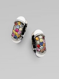 From the Art Deco Collection. Diminutive hoops pavé set with multi-colored sapphires and white enamel accents.Sapphire Sterling silver Enamel Diameter, about ¾ Clip-on back Imported From the Art Deco Collection. Diminutive hoops pavé set with multi-colored sapphires and white enamel accents.Sapphire Sterling silver Enamel Diameter, about ¾ Clip-on back Imported