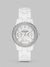 A bezel of sparkling crystals lends glamour to this sturdy, stylish timepiece.Quartz movement Water resistant to 5ATM Stainless steel case, 33mm (1.29) White dial Crystal hour markers Three chronograph sub dials Date display Second hand Acetate link bracelet Imported A bezel of sparkling crystals lends glamour to this sturdy, stylish timepiece.Quartz movement Water resistant to 5ATM Stainless steel case, 33mm (1.29) White dial Crystal hour markers Three chronograph sub dials Date display Second hand Acetate link bracelet Imported
