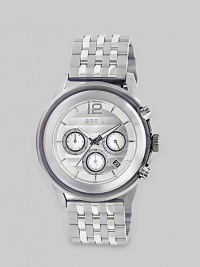 Sleek stainless steel and a silver dial make this three-chronograph watch the ultimate trendy timepiece.Quartz movementWater resistant to 10 ATMStainless steel case, 45mm (1.8)Smooth stainless steel bezelSilver dialThree chronograph sub-dialsBar markersDate display at 5 o'clockSecond handStainless steel link bracelet with butterfly buckleImported Sleek stainless steel and a silver dial make this three-chronograph watch the ultimate trendy timepiece.Quartz movementWater resistant to 10 ATMStainless steel case, 45mm (1.8)Smooth stainless steel bezelSilver dialThree chronograph sub-dialsBar markersDate display at 5 o'clockSecond handStainless steel link bracelet with butterfly buckleImported