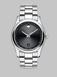 Etched black dial with a stainless steel link bracelet. Swiss quartz movementWater resistant to 3 ATMRound stainless steel case, 40mm (1.6) Smooth bezelBlack etched dialDot hour markers and minute trackDate display at 6 o'clockSecond hand Stainless steel link braceletMade in Switzerland Etched black dial with a stainless steel link bracelet. Swiss quartz movementWater resistant to 3 ATMRound stainless steel case, 40mm (1.6) Smooth bezelBlack etched dialDot hour markers and minute trackDate display at 6 o'clockSecond hand Stainless steel link braceletMade in Switzerland