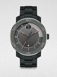 Sleek stainless-steel design with swiss quartz movement is accented with a textured museum dial with orange accents, completed with a flexible link bracelet.Round bezelWater resistant to 10ATMDate display at 6 o'clock Second handStainless steel case: 46mm(1.81)Ion-plated titanium braceletImported Sleek stainless-steel design with swiss quartz movement is accented with a textured museum dial with orange accents, completed with a flexible link bracelet.Round bezelWater resistant to 10ATMDate display at 6 o'clock Second handStainless steel case: 46mm(1.81)Ion-plated titanium braceletImported