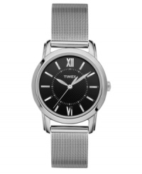 Classics last forever. Watch by Timex crafted of silver tone mixed metal mesh bracelet and round case. Black dial features silver tone Roman numerals at twelve and six o'clock, stick indices, minute track, three hands and logo. Quartz movement. Water resistant to 30 meters. One-year limited warranty. Classics last forever. Watch by Timex crafted of silver tone mixed metal mesh bracelet and round case. Black dial features silver tone Roman numerals at twelve and six o'clock, stick indices, minute track, three hands and logo. Quartz movement. Water resistant to 30 meters. One-year limited warranty.