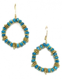 Rachel Reinhardt Kate 14k Gold Plated Beaded Blue Turquoise Dangle Hoop Earrings with Gold Daisy Detail