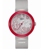 Simple shades of gray from Lacoste. Unisex Goa watch crafted of gray stripe silicone strap with printed text logo and round plastic case with red bezel. Gray stripe dial features jumbled red and white numerals, iconic crocodile logo at twelve o'clock, cut-out hour and minute hands, and red second hand. Quartz movement. Water resistant to 30 meters. Two-year limited warranty.