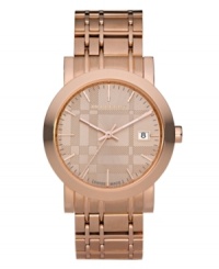 This Burberry watch features a check-inspired rose gold ion-plated stainless steel bracelet and round case. Rose gold tone dial with check pattern features applied stick indices, minute track, date window at three o'clock, three hands and logo. Swiss made. Quartz movement. Water resistant to 50 meters. Two-year limited warranty. This Burberry watch features a check-inspired rose gold ion-plated stainless steel bracelet and round case. Rose gold tone dial with check pattern features applied stick indices, minute track, date window at three o'clock, three hands and logo. Swiss made. Quartz movement. Water resistant to 50 meters. Two-year limited warranty.
