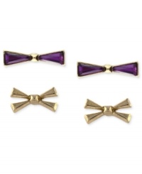 Tie something new. The stud earrings in this set from BCBGeneration are crafted of gold-tone mixed metal, and feature purple and gold-tone faceted stones to create whimsical bows. The earrings also have friction back closures. Approximate drop: 1/10 inch. Tie something new. The stud earrings in this set from BCBGeneration are crafted of gold-tone mixed metal, and feature purple and gold-tone faceted stones to create whimsical bows. The earrings also have friction back closures. Approximate drop: 1/10 inch.