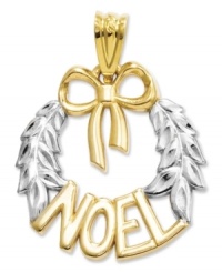 Channel the spirit of Christmas with a pretty Noel wreath charm. Crafted in 14k gold and sterling silver with a diamond-cut design. Chain not included. Approximate length: 4/5 inch. Approximate width: 3/5 inch. Channel the spirit of Christmas with a pretty Noel wreath charm. Crafted in 14k gold and sterling silver with a diamond-cut design. Chain not included. Approximate length: 4/5 inch. Approximate width: 3/5 inch.