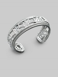 From the Cable and Tapestry Collection. A graceful cuff of sterling silver offers lacy geometric shapes outlined in pavé diamonds with cable trim. Diamonds, 0.62 tcw Sterling silver Cable, 3mm Diameter, about 2¼ Width, about ¾ Made in USA From the Cable and Tapestry Collection. A graceful cuff of sterling silver offers lacy geometric shapes outlined in pavé diamonds with cable trim. Diamonds, 0.62 tcw Sterling silver Cable, 3mm Diameter, about 2¼ Width, about ¾ Made in USA