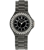 Style&co. lights up the dark with this lovely watch. Hematite tone mixed metal bracelet and round case. Bezel embellished with crystal accents. Glossy black dial features applied silver tone numerals, minute track, three hands and logo. Quartz movement. Splash resistant. Two-year limited warranty.